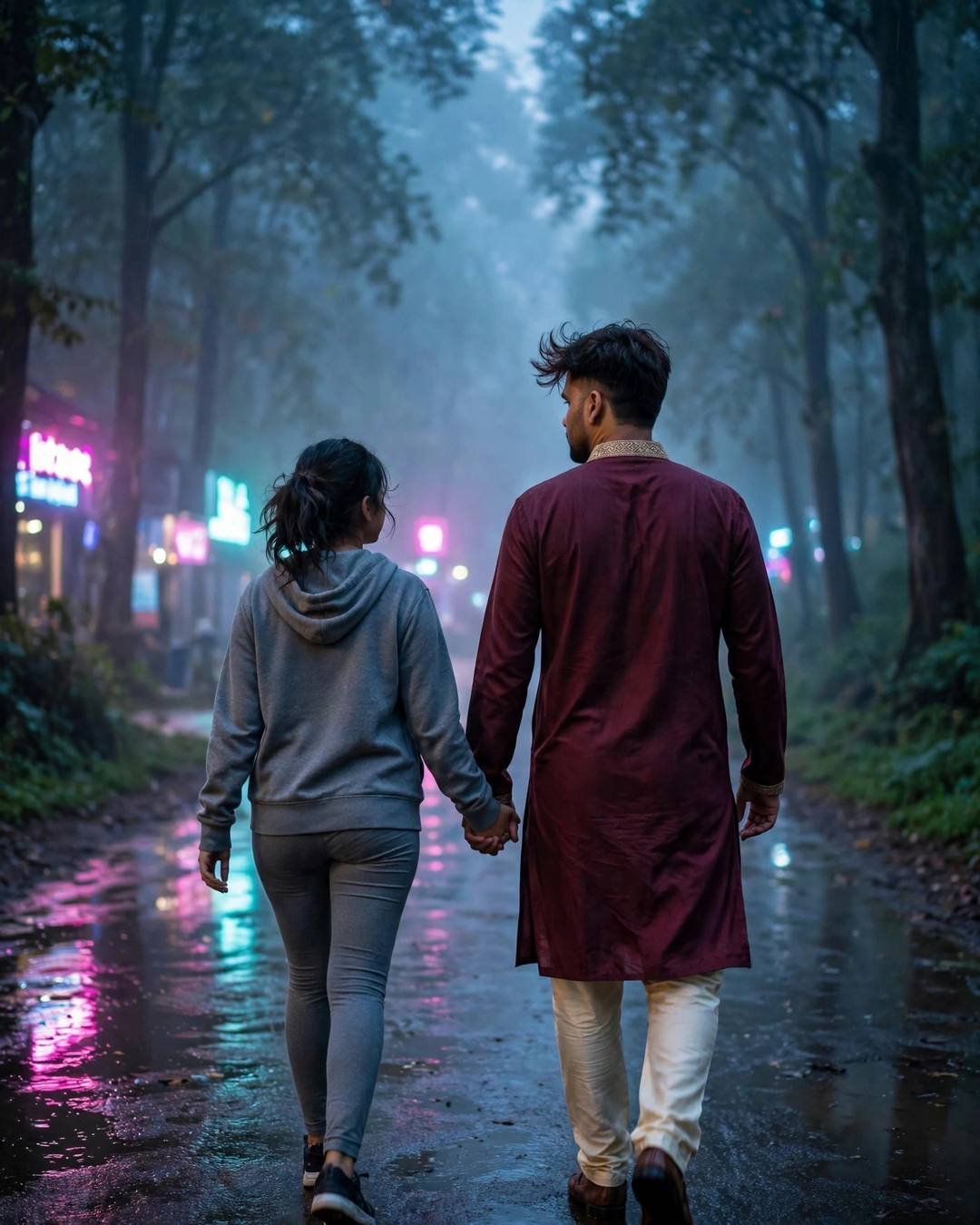 Couple holding hands walking away down a neon-lit misty forest path