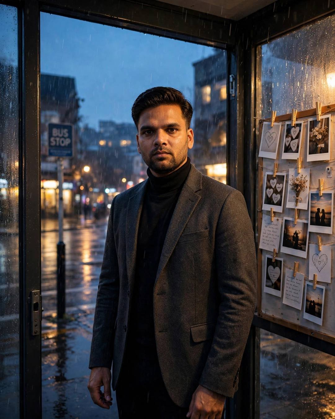 Man in charcoal blazer at a rainy bus stop beside polaroids with drawn hearts