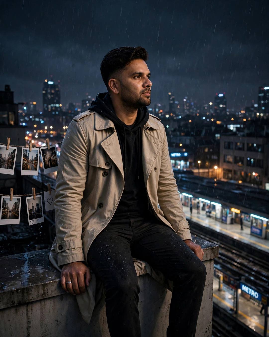 Man in beige trench coat sitting on a rooftop ledge at night with polaroids on a string
