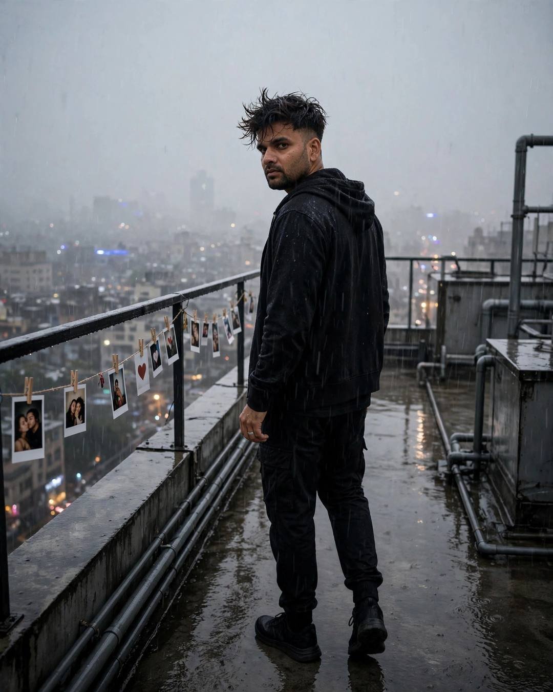 Man in black streetwear walking away along a rainy rooftop lined with polaroids