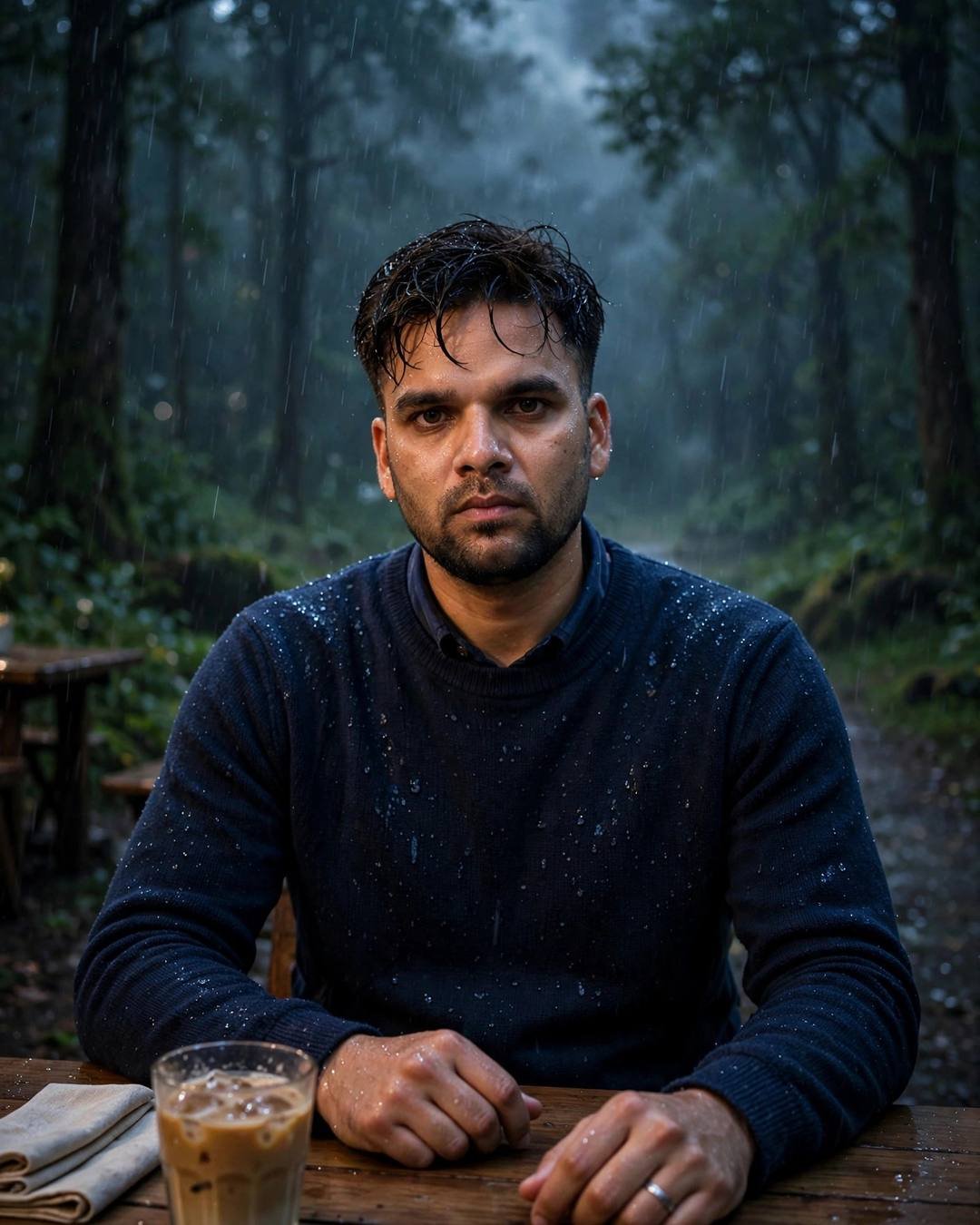 Young man in navy sweater at a rainy forest cafe table with cold coffee