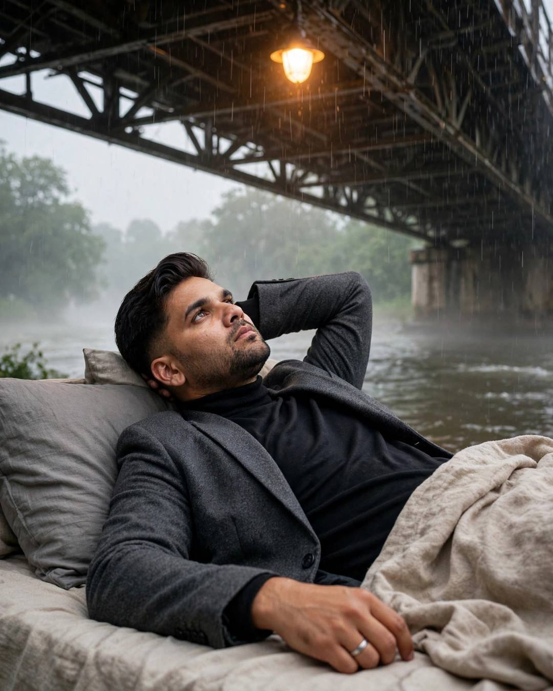 Young man in charcoal blazer lying under a rainy bridge at dawn