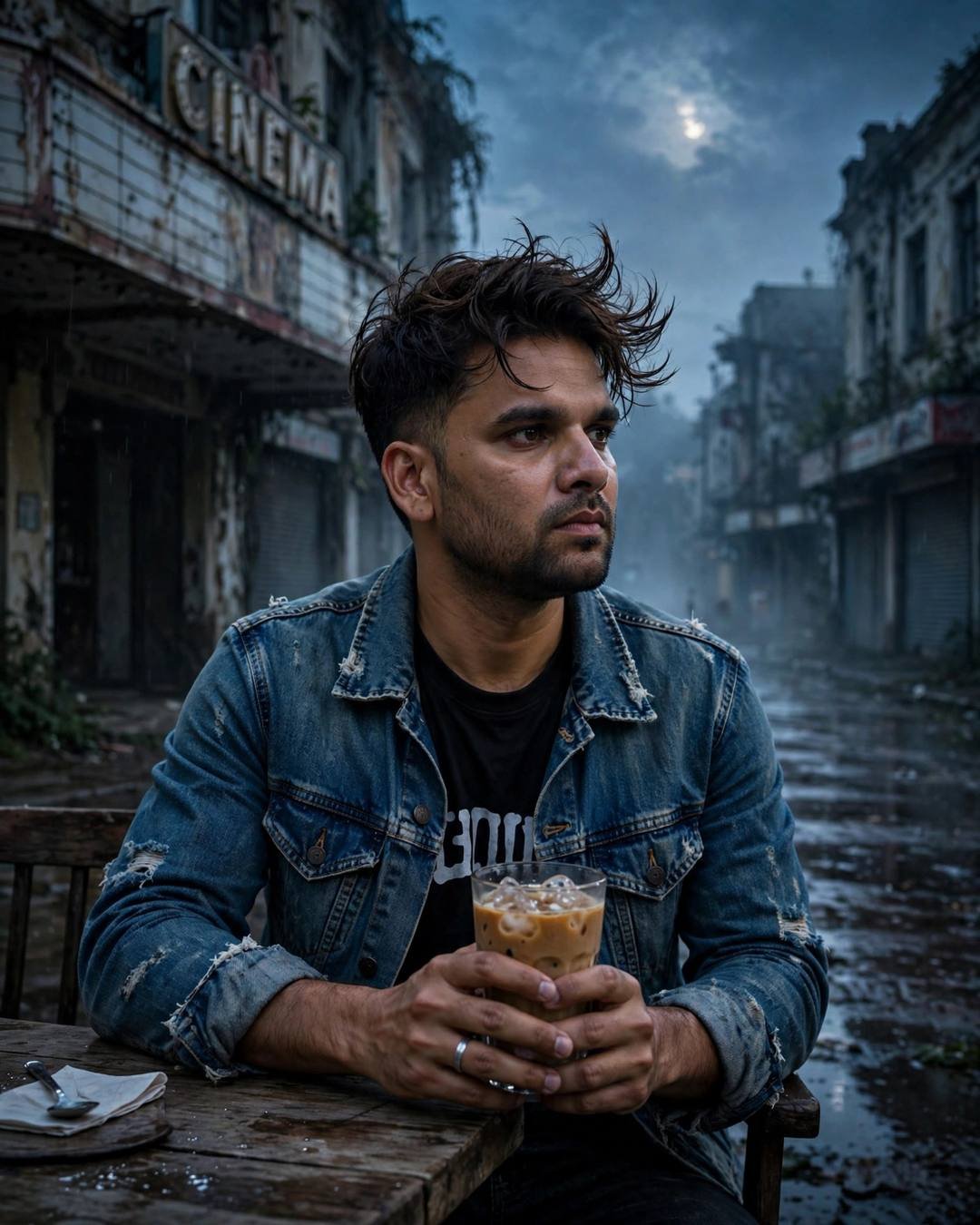 Young man in denim jacket holding coffee outside an abandoned cinema at dawn