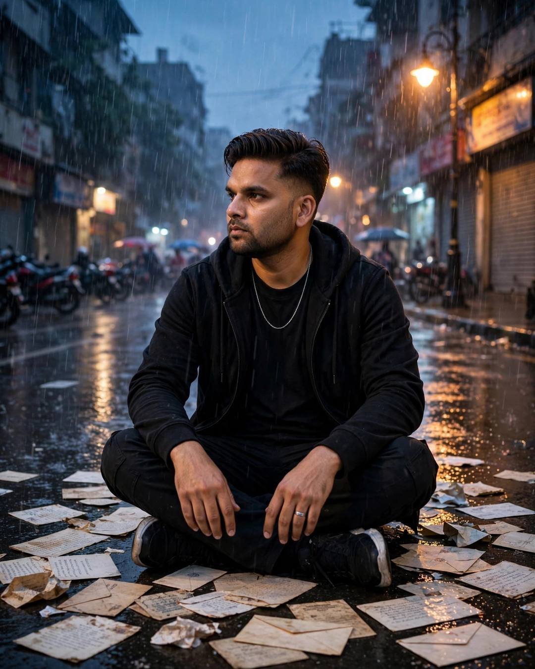 Man in black streetwear sitting cross-legged on a rainy street surrounded by old letters