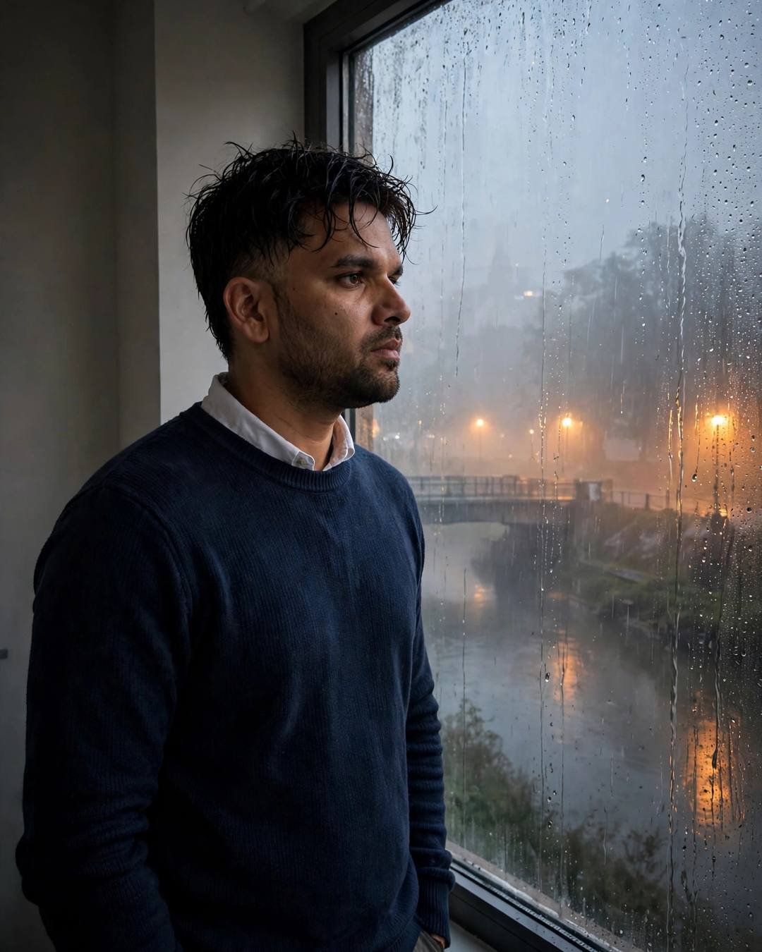 Man in navy sweater at a rain-streaked window overlooking a foggy river bridge