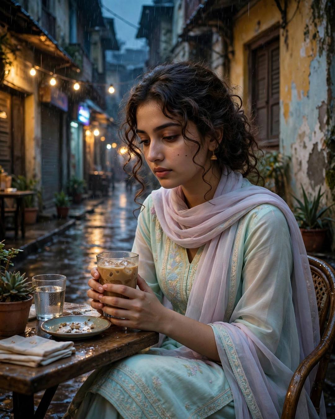 Young woman in pastel salwar with iced coffee at a cafe table in a rainy old-city lane