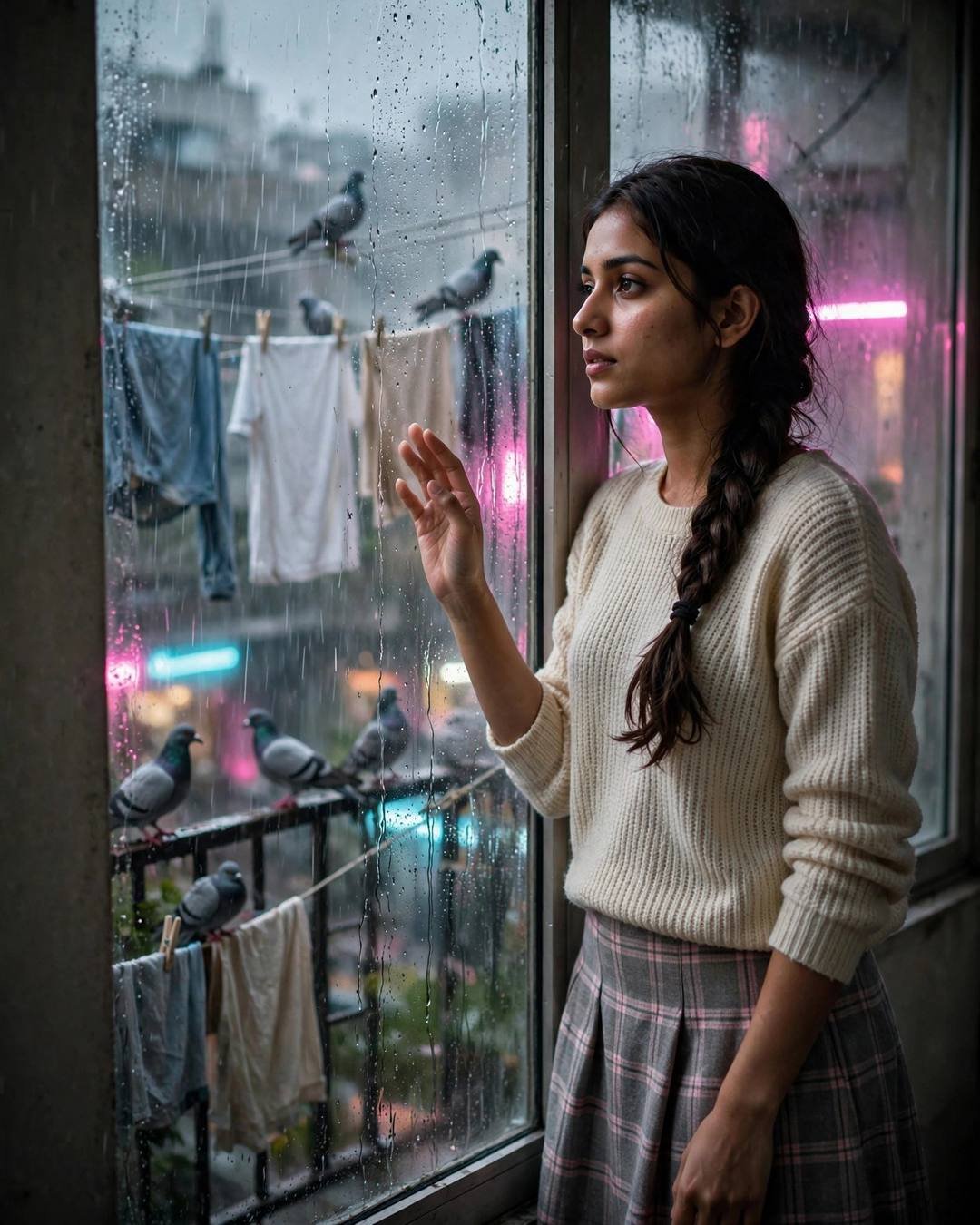 Young woman with braid and kohl-lined eyes at a rain-streaked window with pigeons and neon