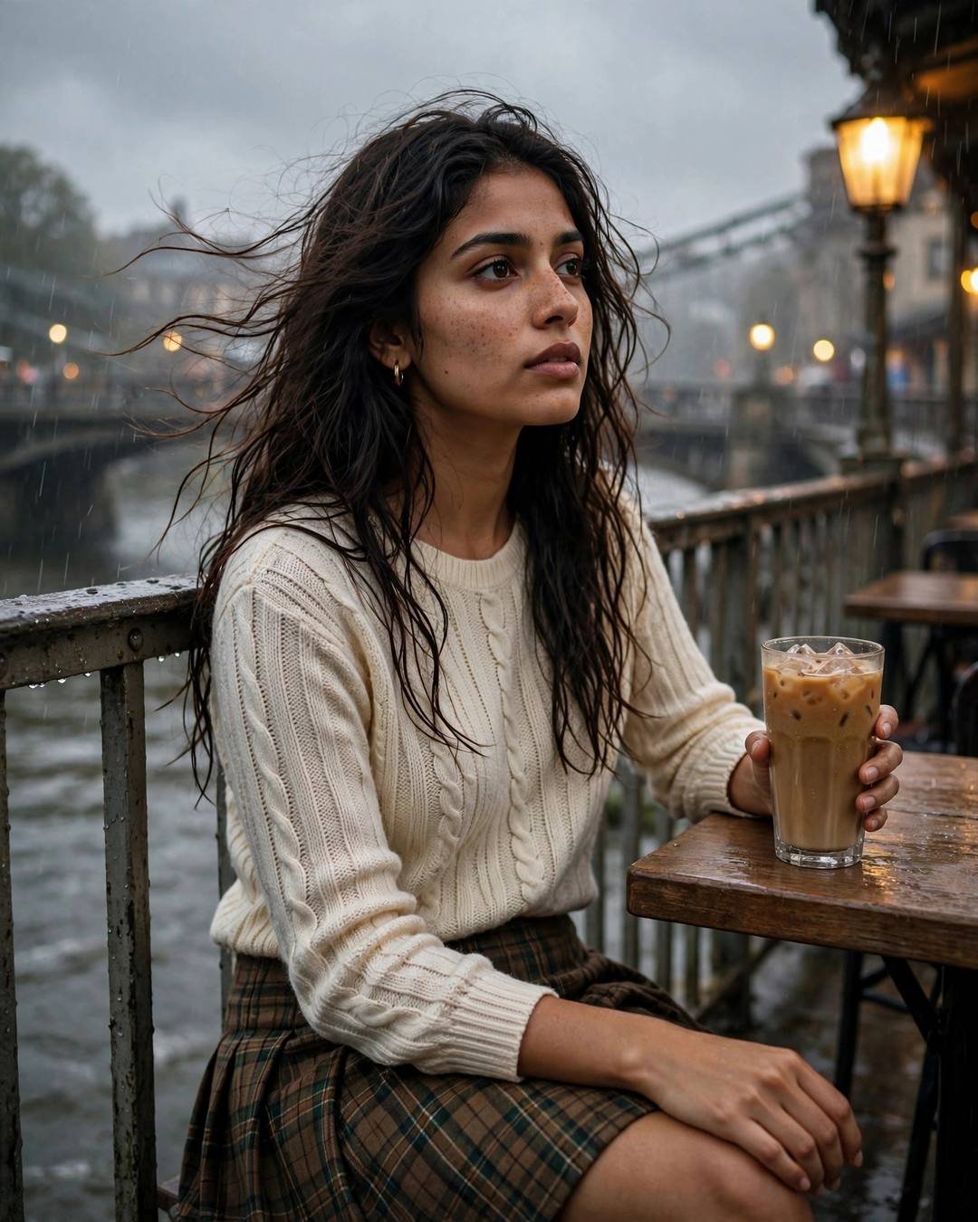 Young woman in cream knit top with iced coffee at a cafe table on a drizzly bridge