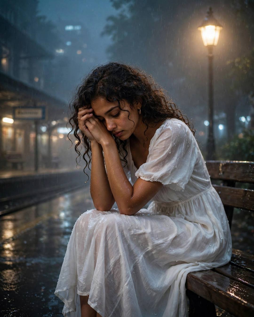 Young woman in white dress with head in hands on a foggy bench under a lone lamp