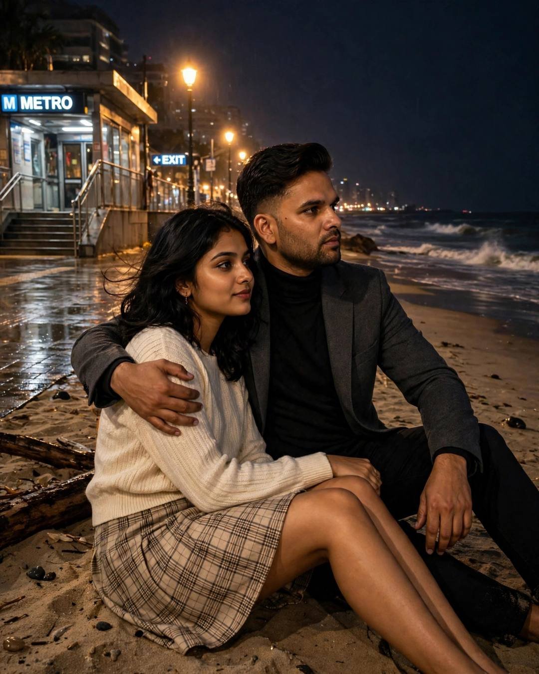 Couple sitting on a beach at night beside a metro station entrance, man's arm around woman, warm streetlamp glow