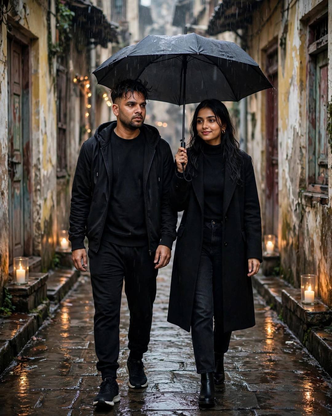 Couple walking under one black umbrella through a rain-soaked old-city lane with peeling walls and candlelit doorsteps