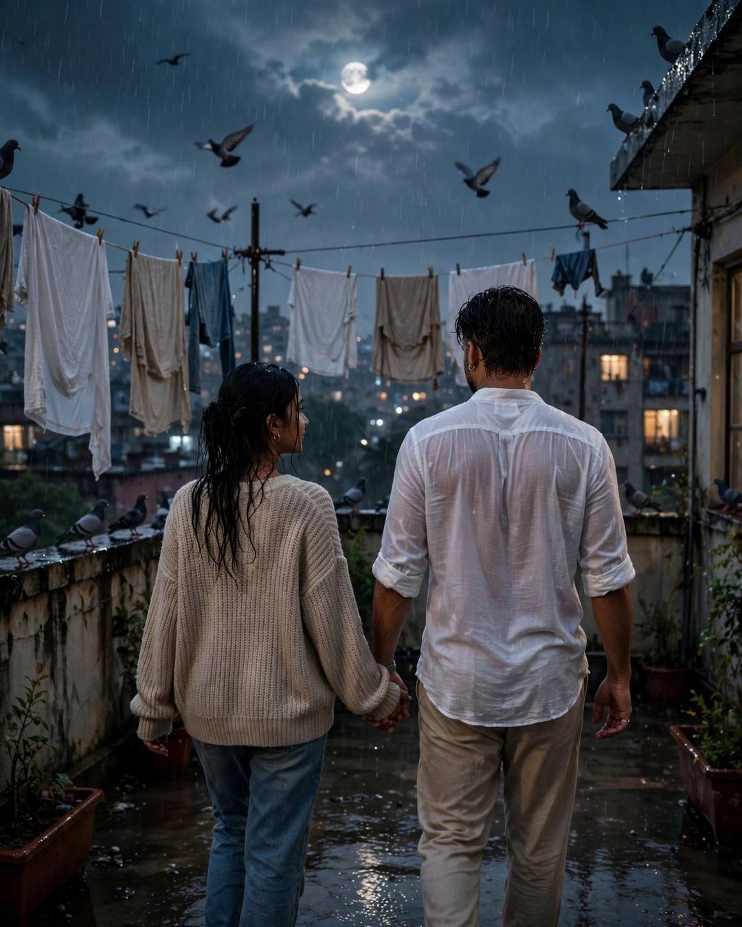 Couple walking hand in hand away from the camera across a rain-soaked rooftop terrace with clotheslines and pigeons under a moonlit sky