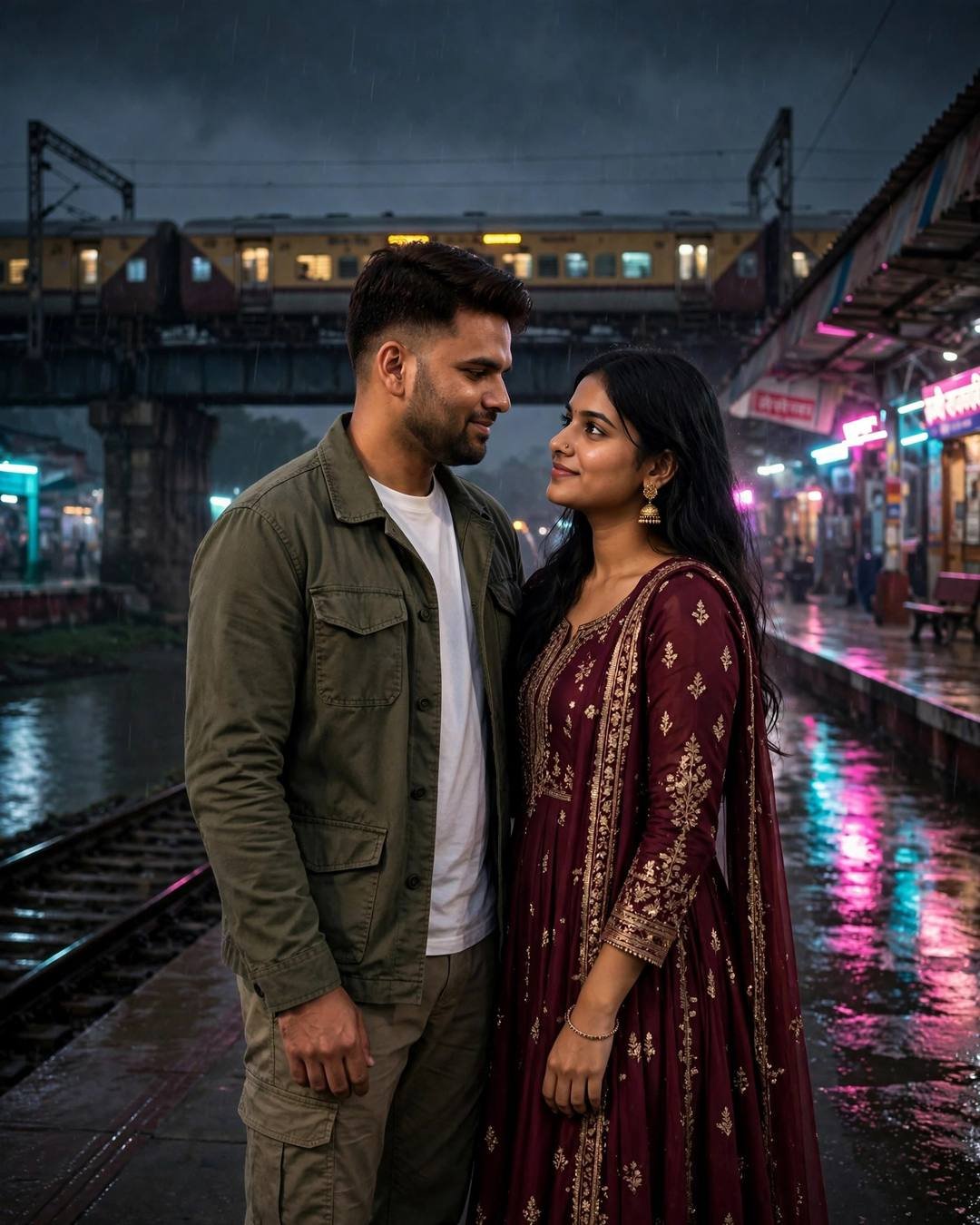 Young couple standing close on a rainy railway platform at night with neon reflections and a train above