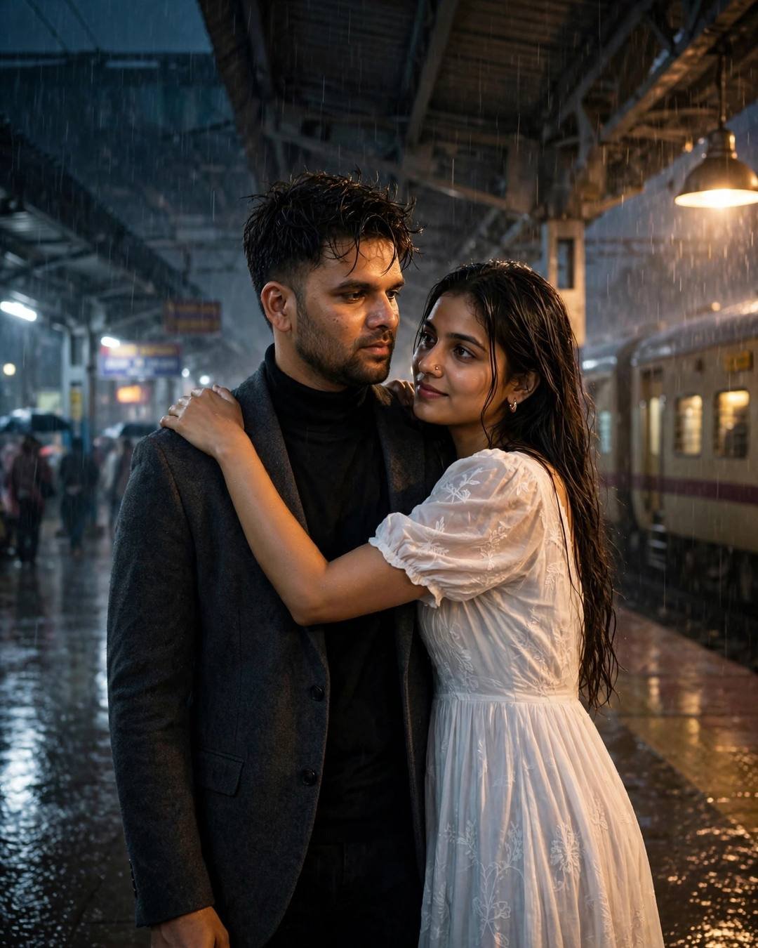 Couple embracing on a rainy railway platform at night beside a waiting train