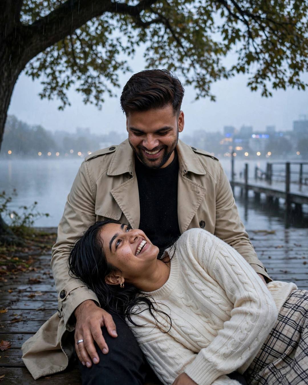Couple laughing together under a tree by a misty lake pier at blue hour