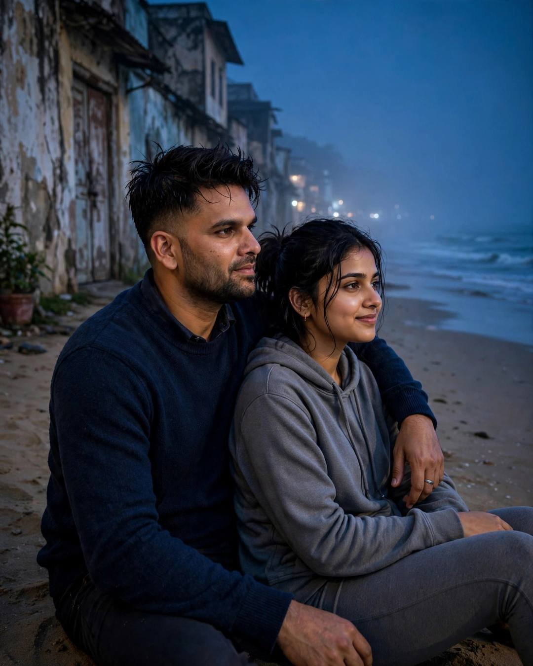 Couple sitting close on midnight sand by old-city walls, gazing at foggy waves