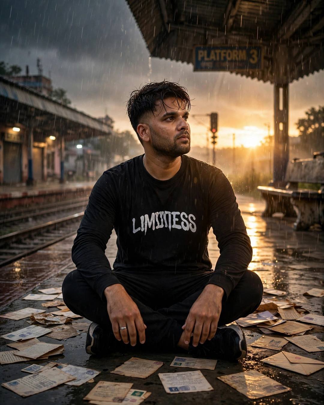 Young Indian man sitting cross-legged on a rainy railway platform surrounded by old letters