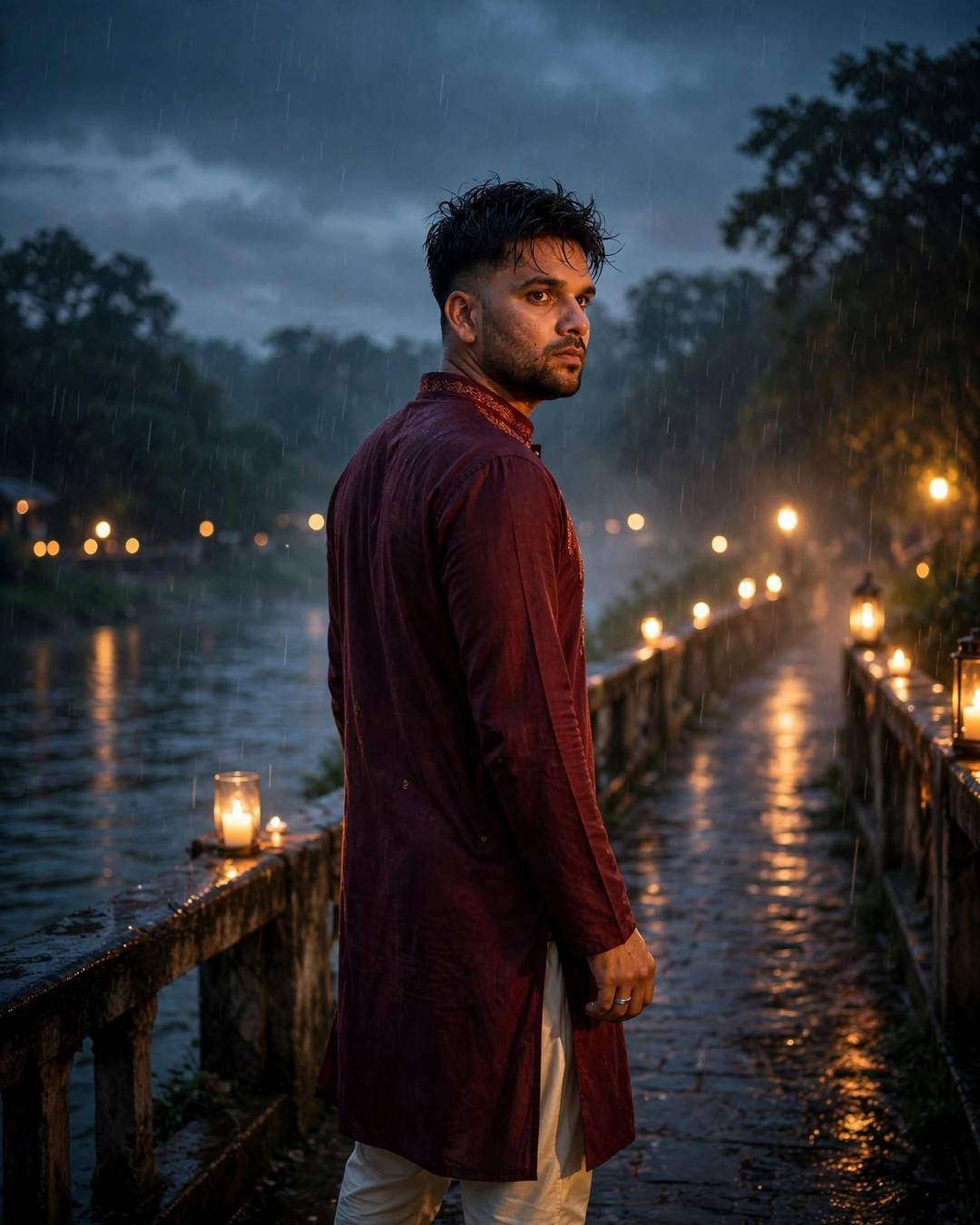 Young Indian man in maroon kurta walking a candle-lit bridge over a river in the rain
