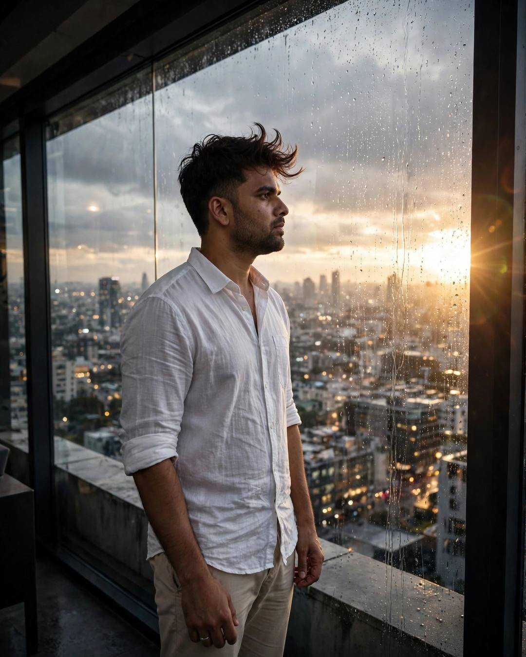 Young Indian man standing at a rain-streaked window overlooking the city at sunset