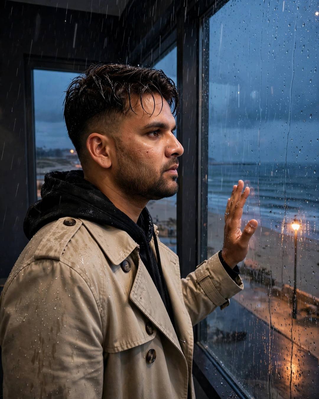 Young Indian man in a beige trench coat with damp hair, hand on a rain-streaked window overlooking the sea at blue hour
