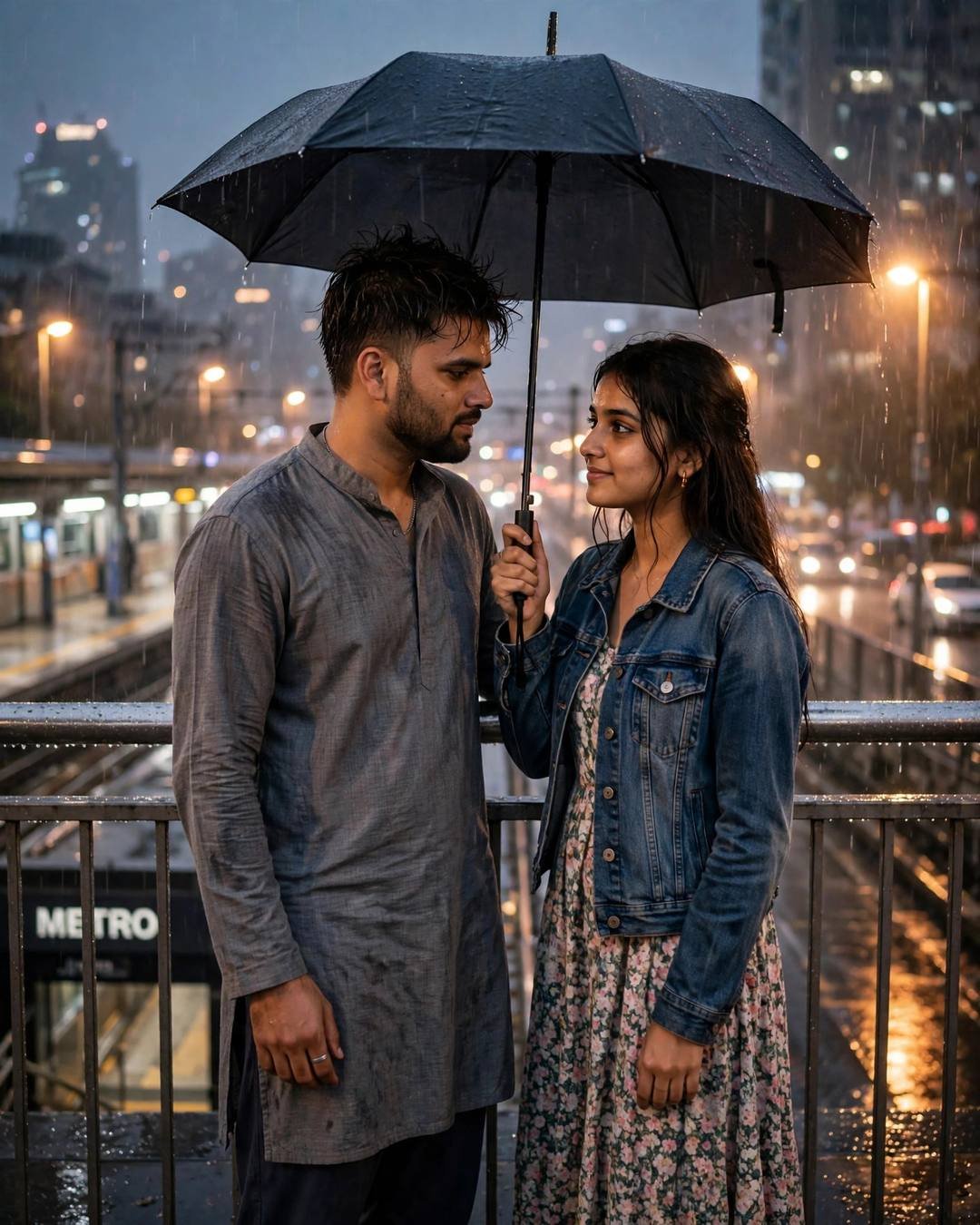 Couple facing each other under one umbrella on a rainy bridge at night, man in grey kurta, woman in denim jacket over floral dress, city lights blurred
