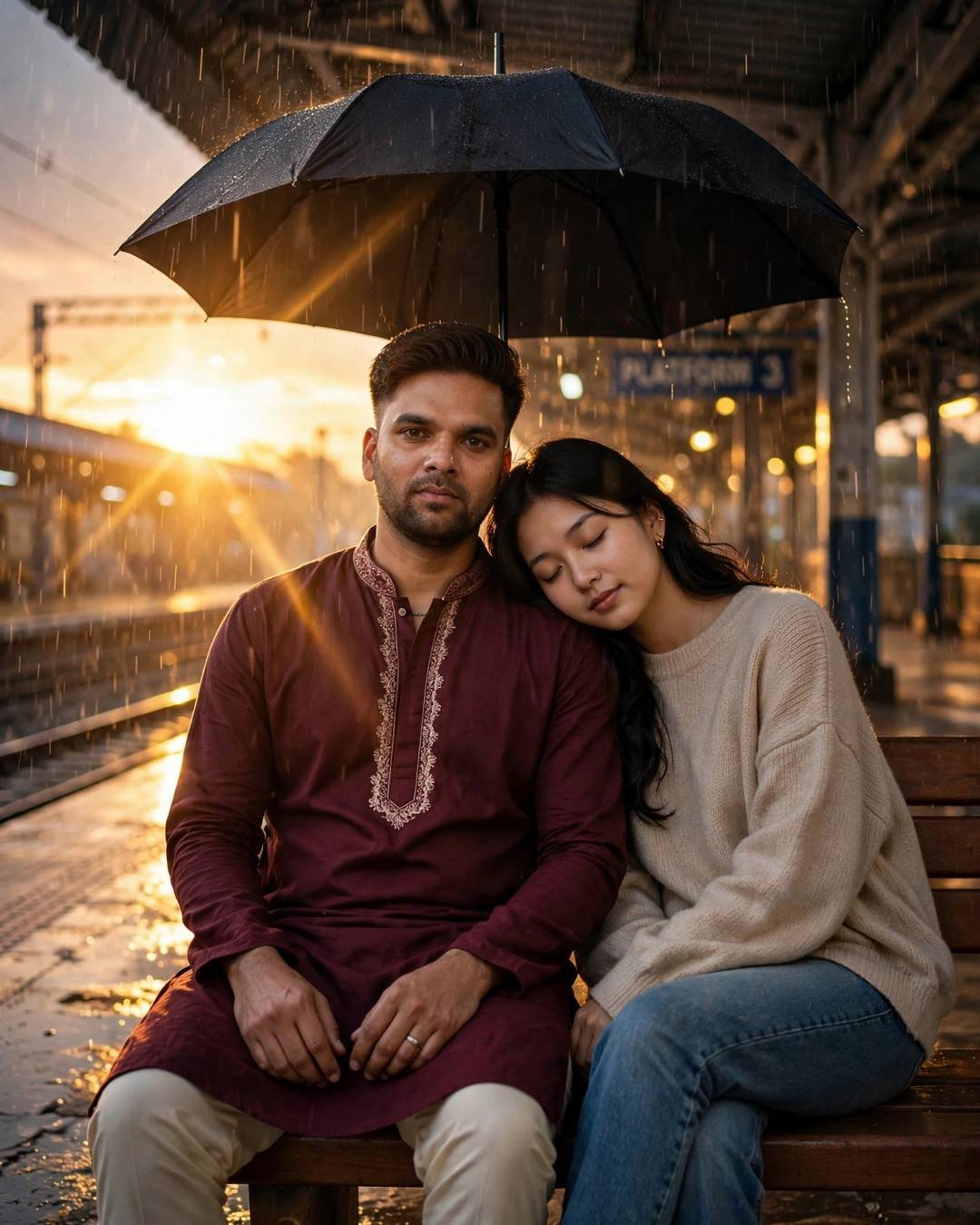 Couple on a railway platform bench at night in the rain, man in maroon kurta, woman in beige sweater resting her head on his shoulder, golden lens flare