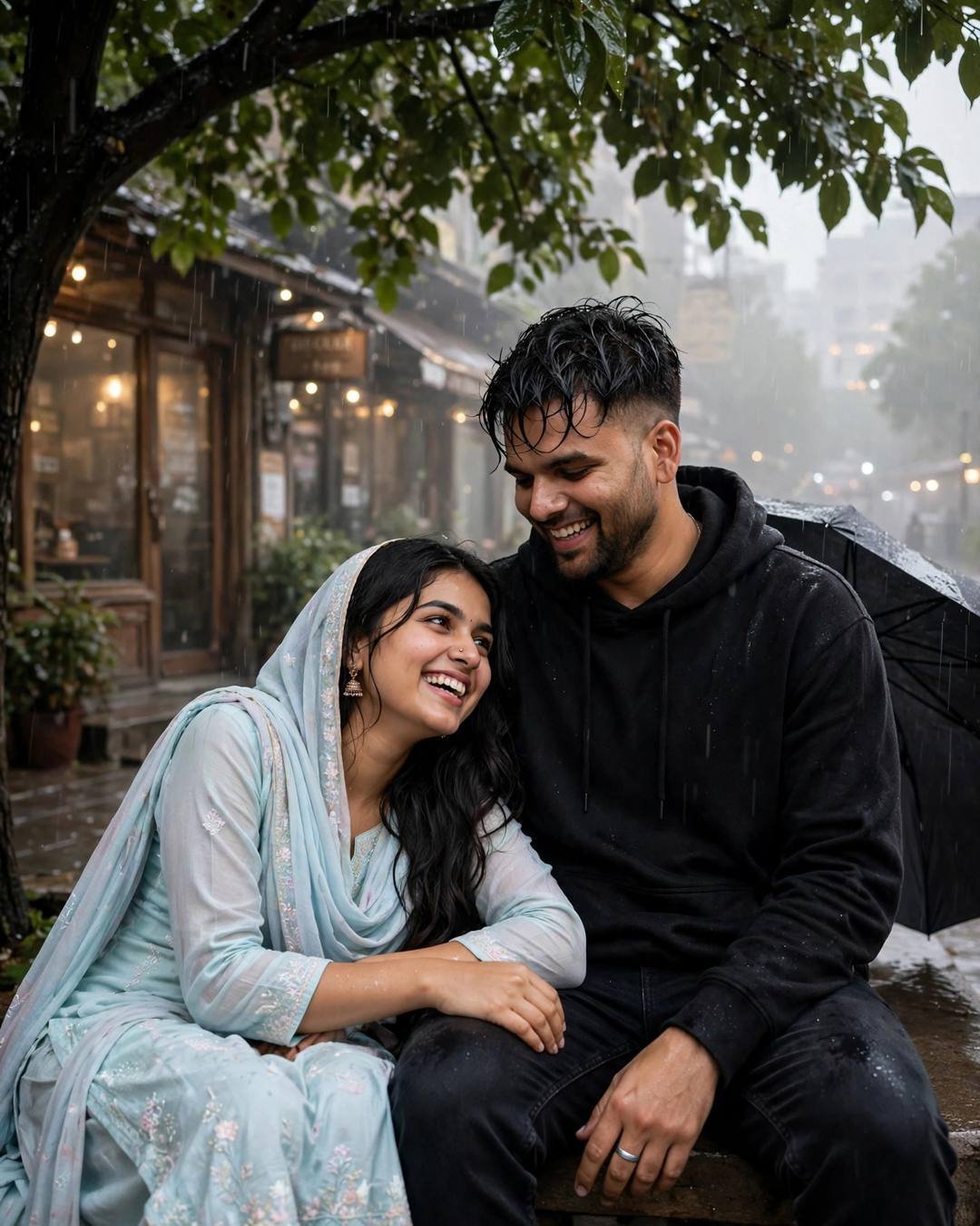 Laughing couple under a tree by an old cafe in the rain at dawn, man in black hoodie, woman in pastel salwar-kameez with dupatta, fogged cafe window behind