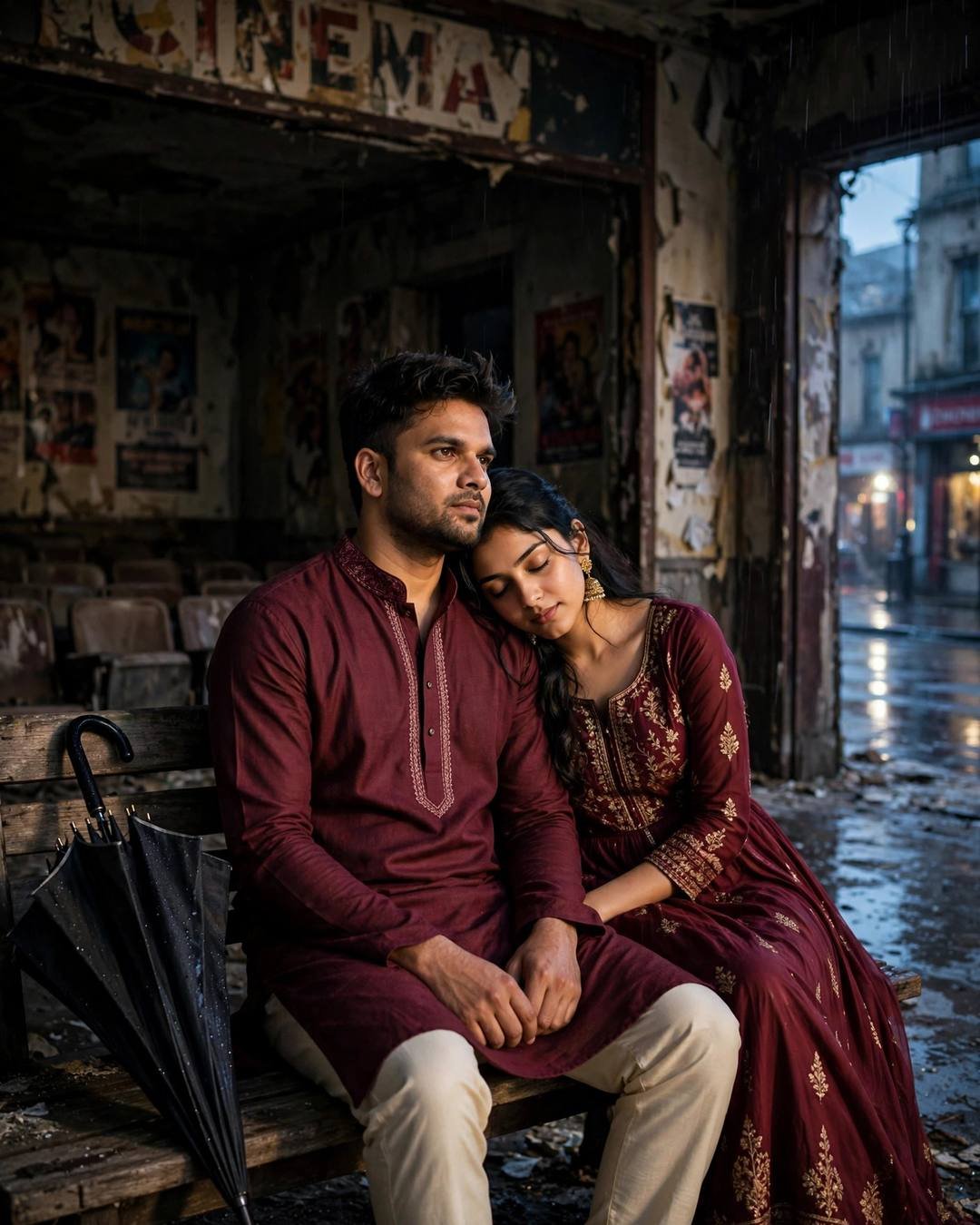 Couple on a bench outside an abandoned cinema hall at blue hour in the rain, man in maroon kurta, woman in maroon anarkali with jhumkas, closed umbrella beside them