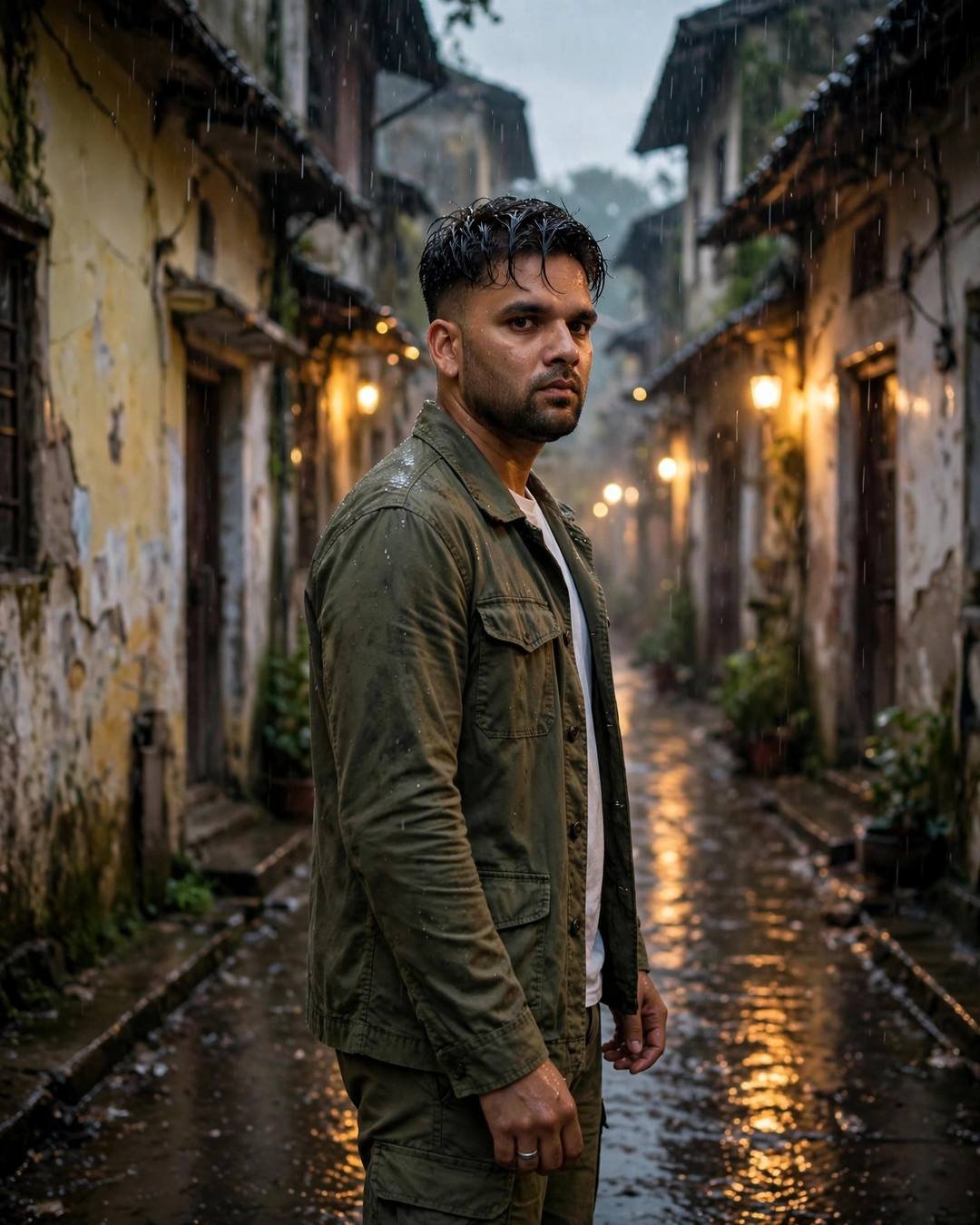 Young Indian man in an olive field jacket looking back down a rainy old-city lane with shuttered tea stalls and glowing lamps
