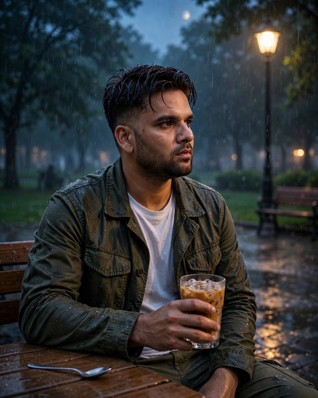Young Indian man in an olive field jacket sitting at a rain-soaked park bench, holding an iced coffee under a lone lamp at night