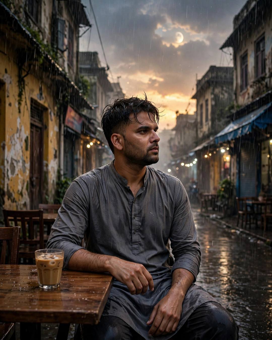 Young Indian man in a grey kurta sitting at a wooden cafe table in a rain-soaked old-city lane, cold tea glass beside him, golden storm light