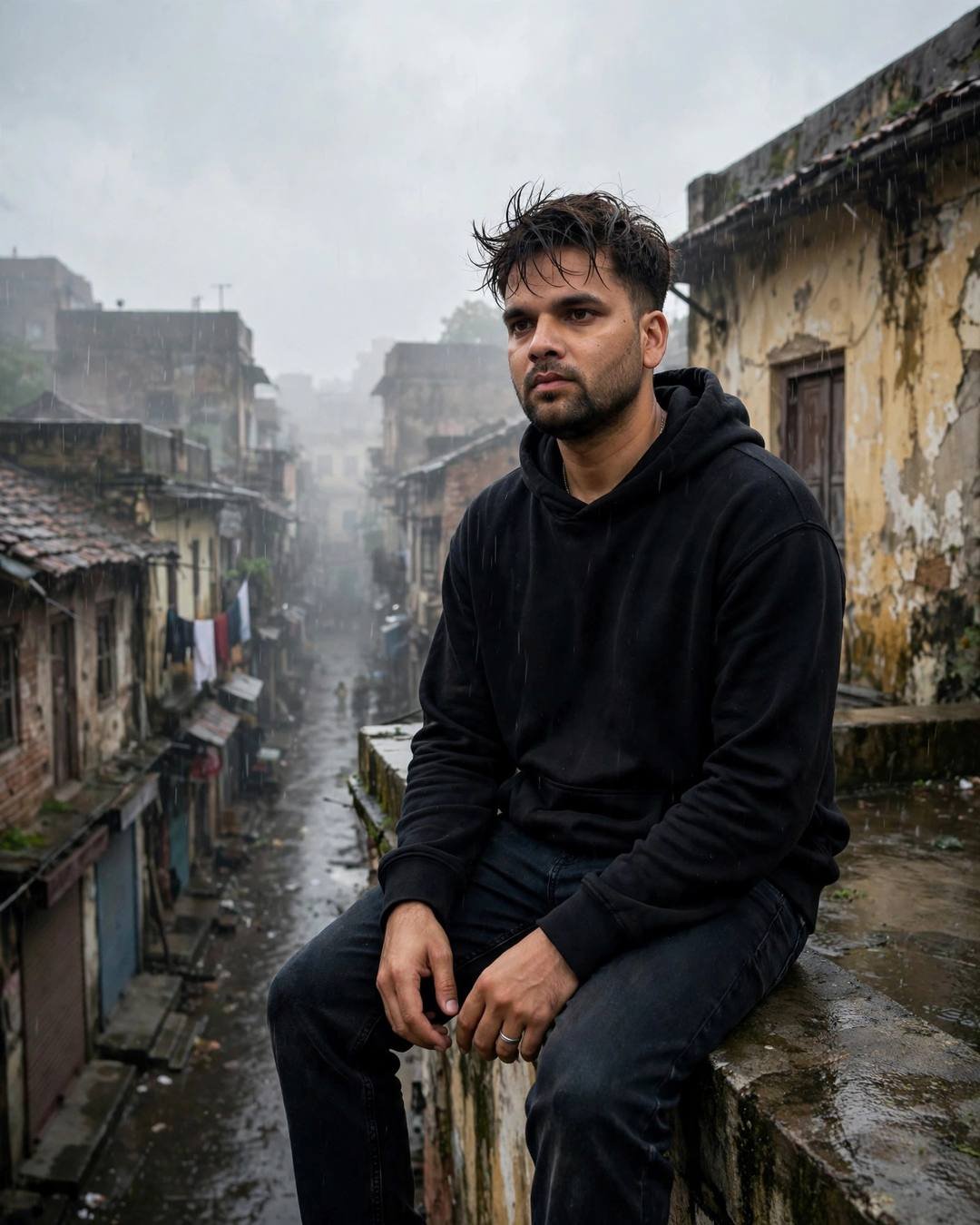 Young Indian man in a black oversized hoodie sitting on a rooftop ledge above a rainy old-city lane, legs dangling