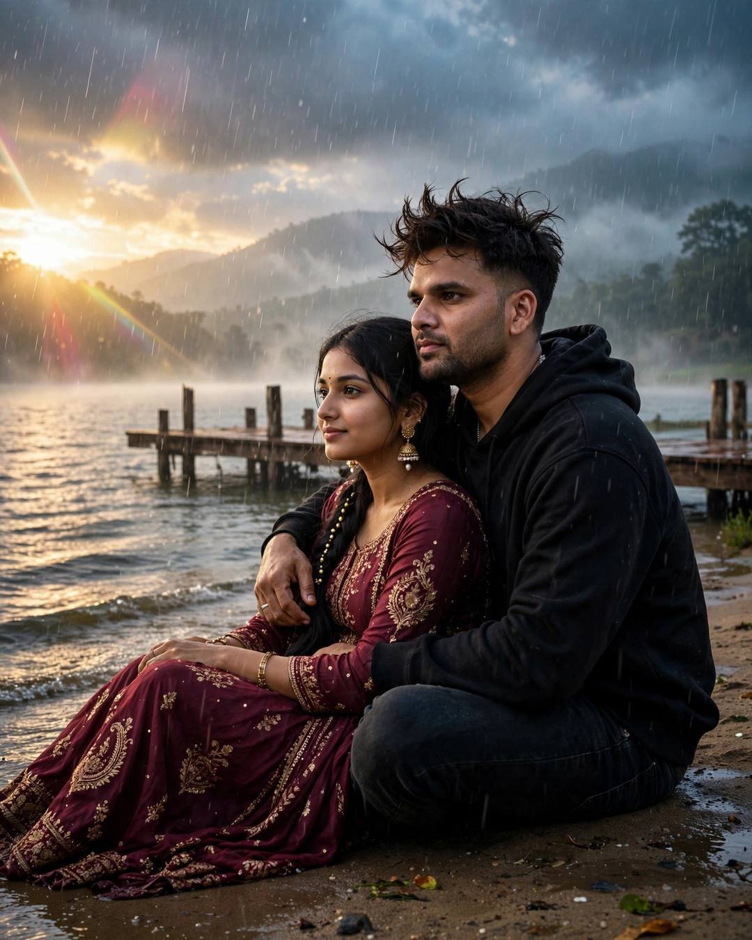 Couple sitting on wet sand by a lake pier in rain and sunlight, his arm around her