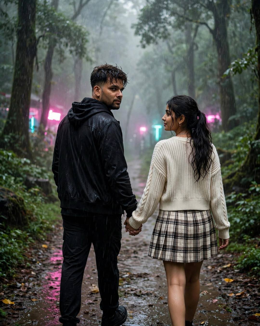 Couple holding hands walking down a misty neon-lit forest path, looking back
