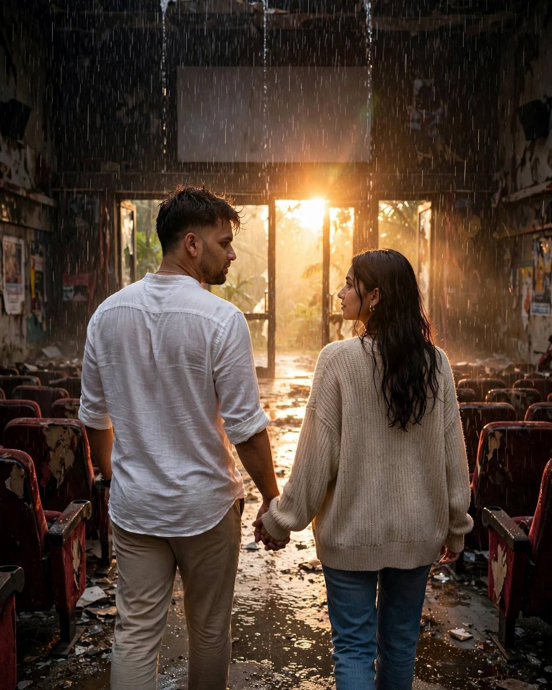 Indian couple walking hand in hand through a rain-flooded abandoned cinema toward sunlight