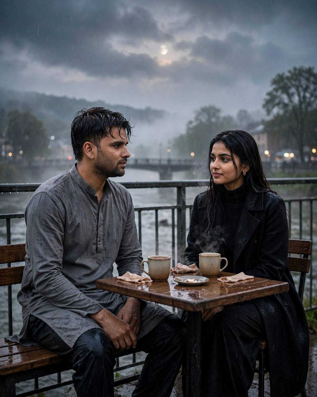 Couple at a small cafe table on a bridge over a slow river in the rain at dawn, man in grey kurta, woman in black turtleneck and long coat, moonlight through clouds