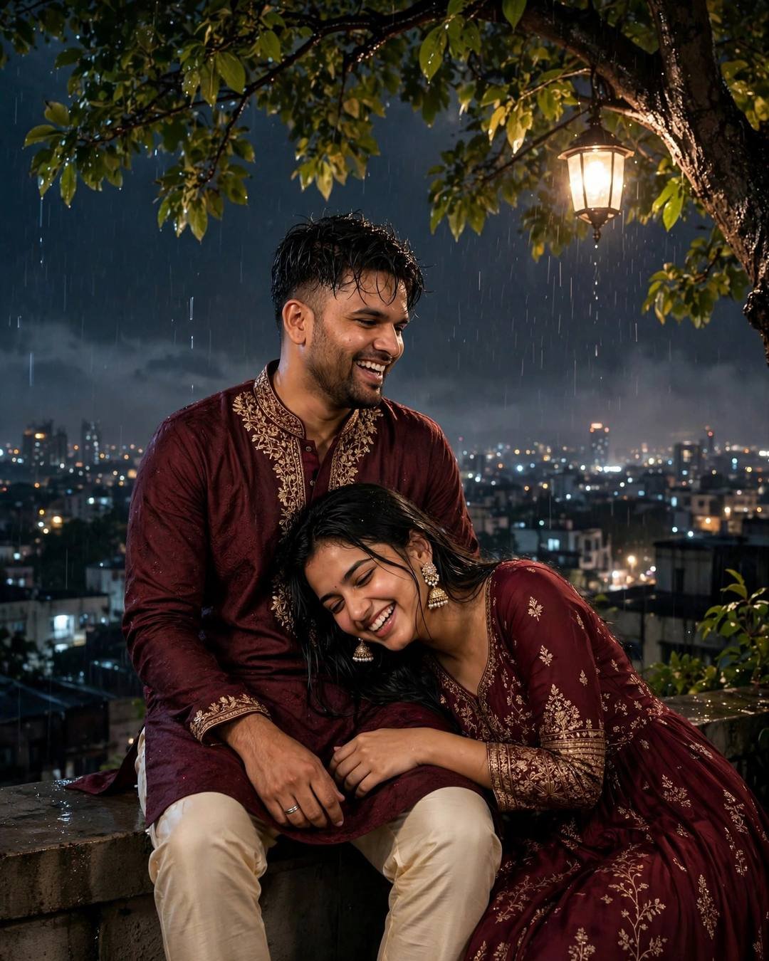 Laughing couple under a tree on a rooftop at midnight in the rain, man in maroon kurta, woman in maroon anarkali with jhumkas, city lights behind, lantern glowing