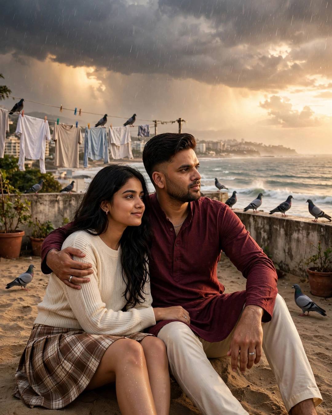 Couple on a terrace with drying clothes lines and pigeons at golden hour in light rain, man in maroon kurta with arm around her, woman in cream knit top and plaid skirt