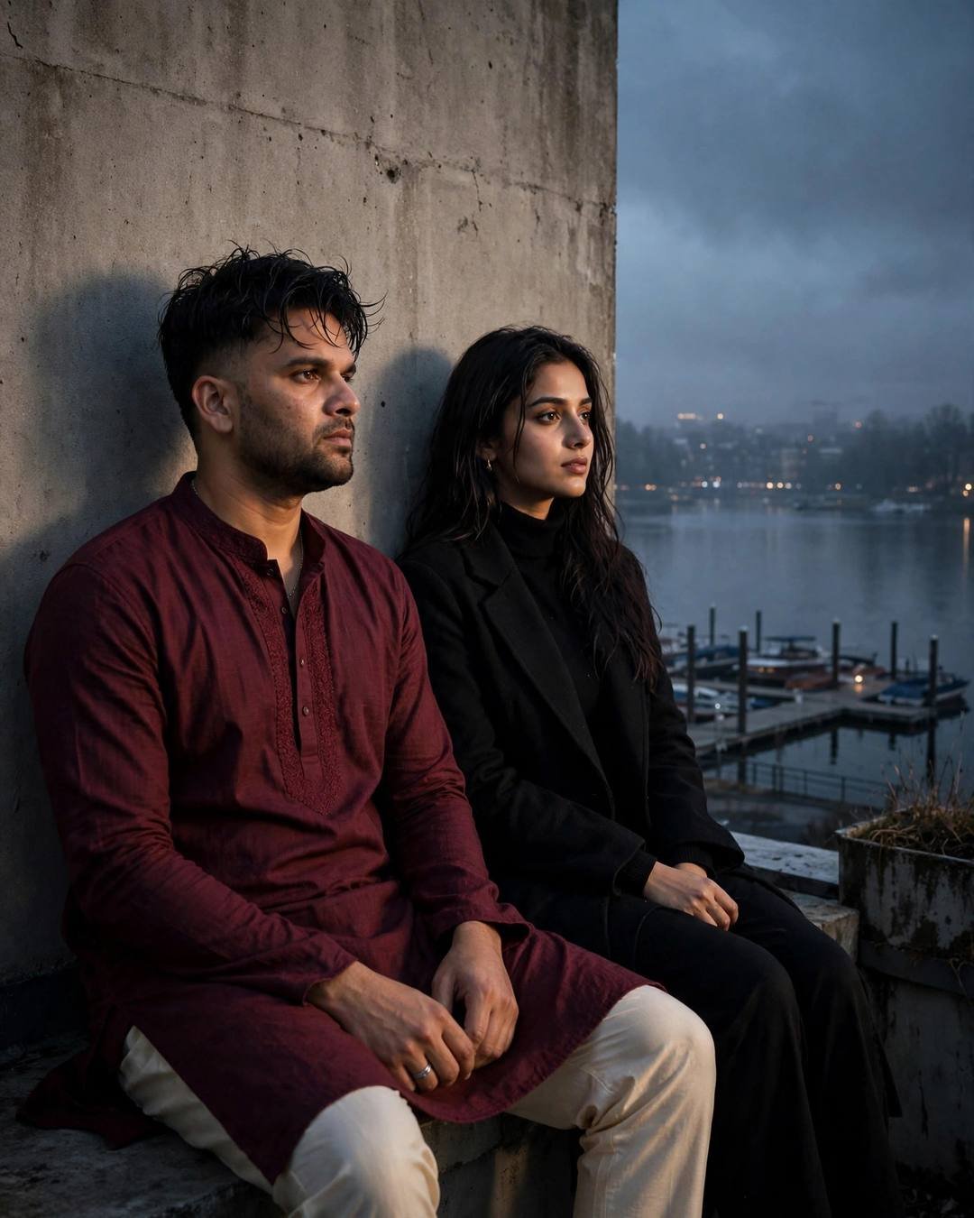 Couple sitting side by side against a concrete wall at dusk, man in maroon kurta, woman in black turtleneck and long coat