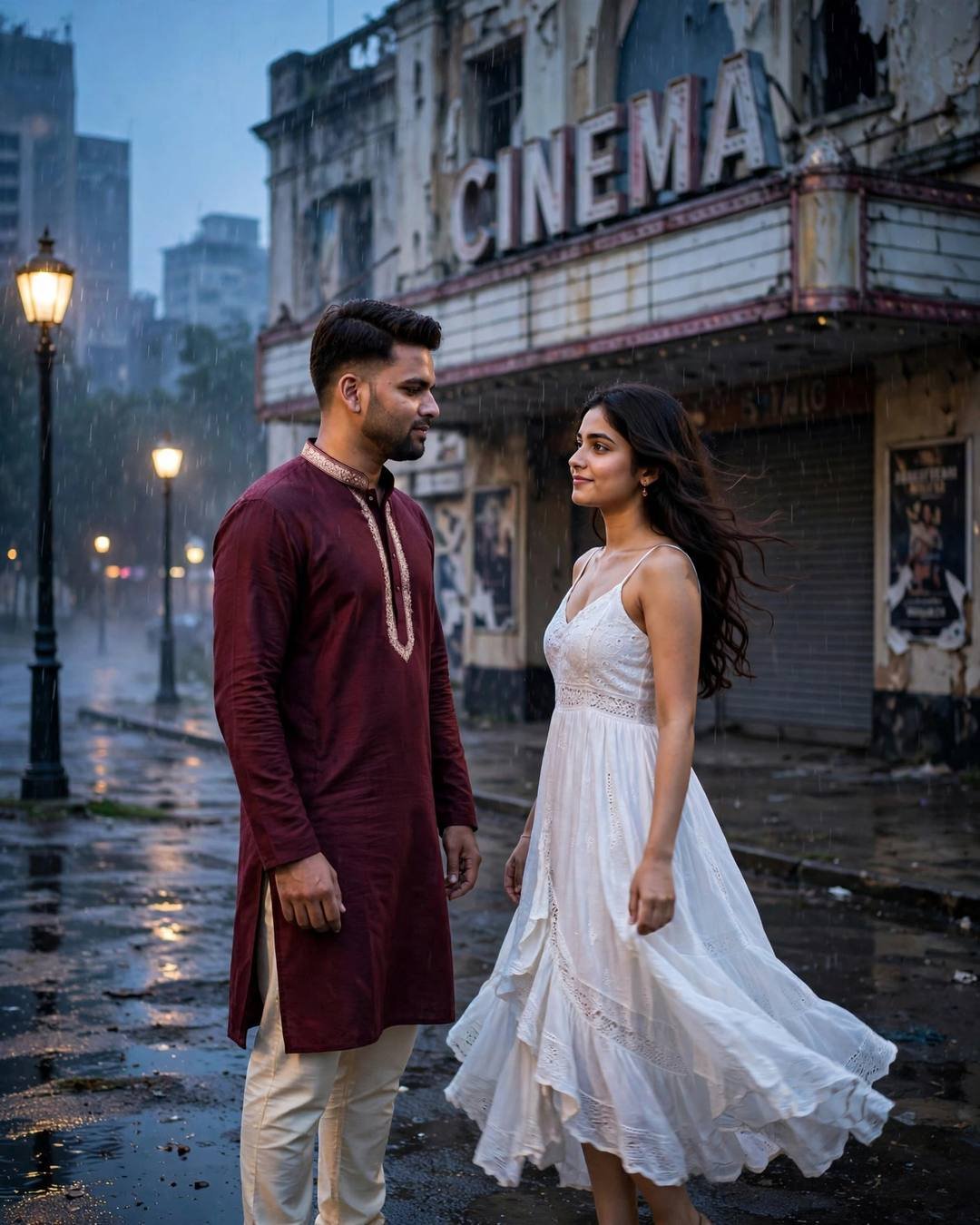 Couple dancing slowly in light rain outside an abandoned cinema hall at blue hour, man in maroon kurta, woman in white summer dress