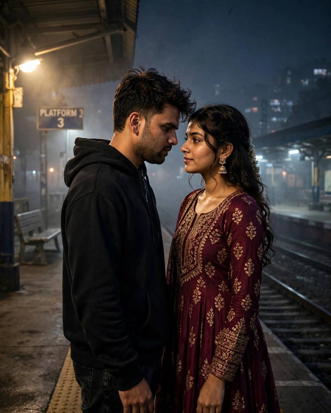 Couple standing face to face with foreheads almost touching on a foggy railway platform at night, man in black hoodie, woman in maroon anarkali with jhumkas