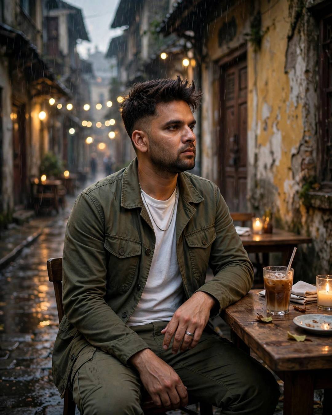 Man in olive field jacket with iced coffee at a cafe table in a rainy old-city lane