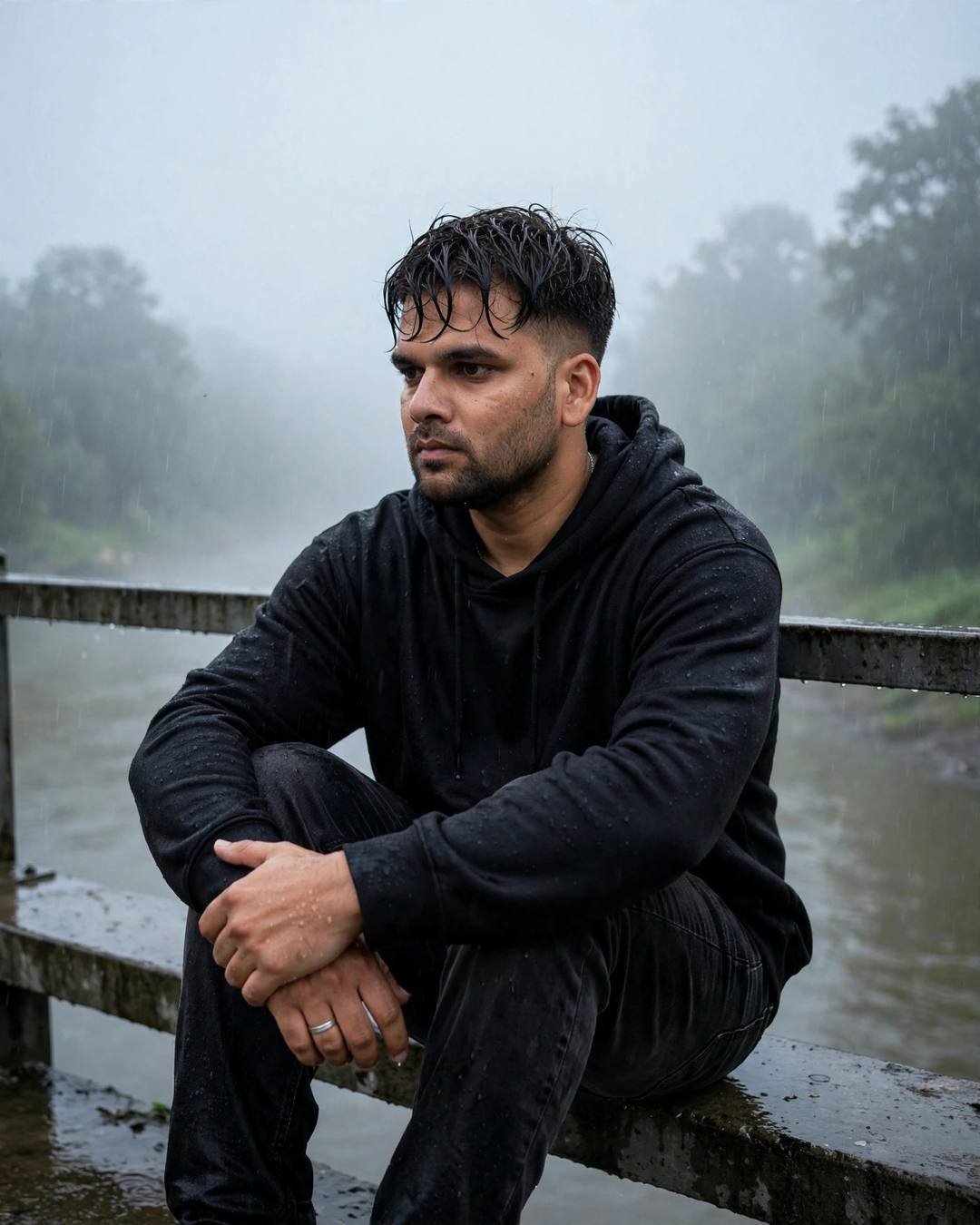 Man in black hoodie sitting with knees drawn up on a foggy bridge over a river