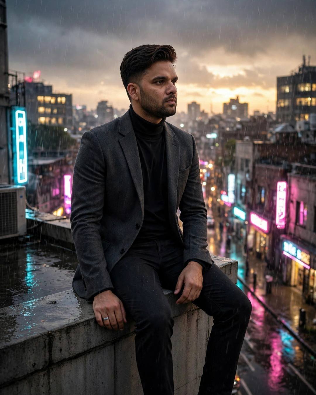 Man in charcoal blazer sitting calmly on a rooftop ledge above a rainy neon city