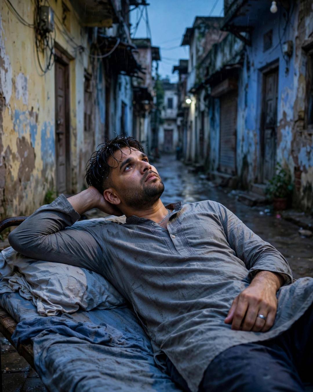 Young Indian man in grey kurta lying on a cot in an old city lane at dusk, gazing upward