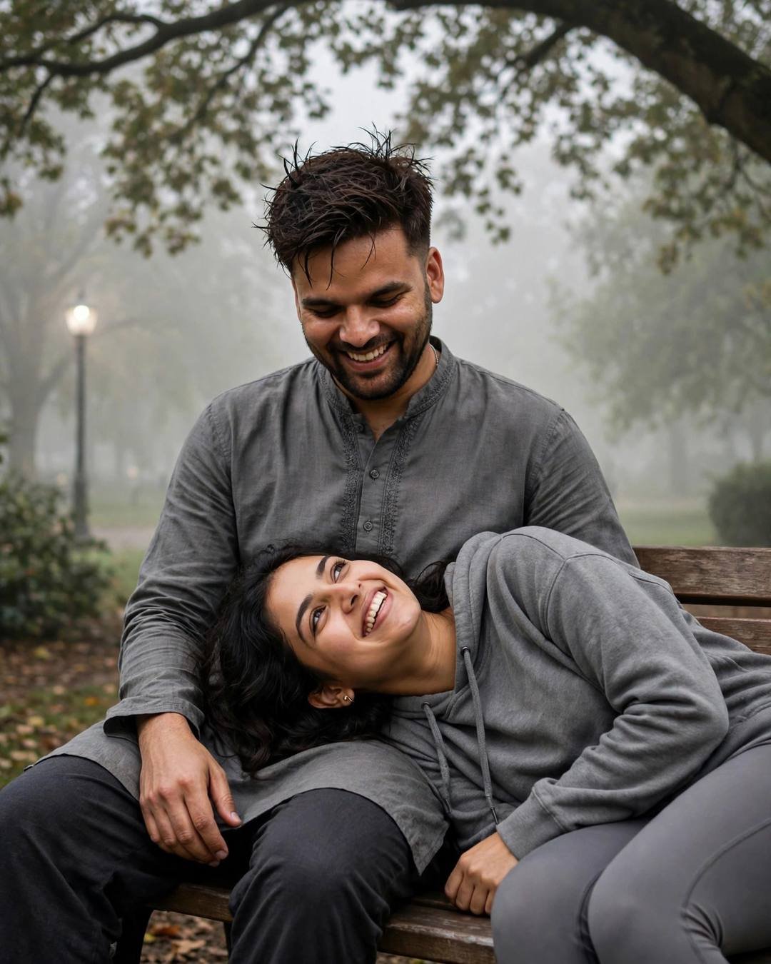 Indian couple laughing softly on a foggy park bench, her head resting in his lap