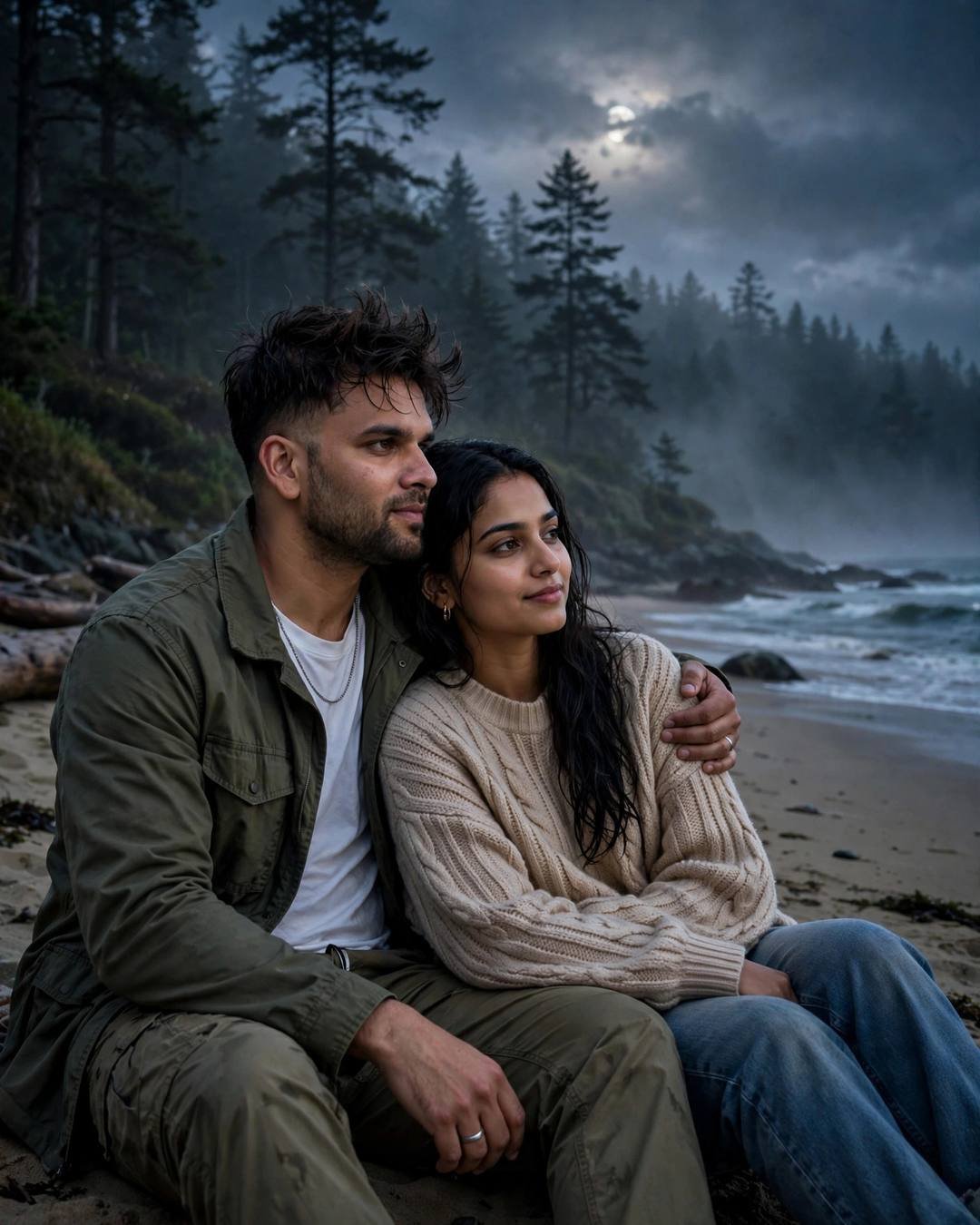 Indian couple sitting close on a moonlit beach at night, his arm around her