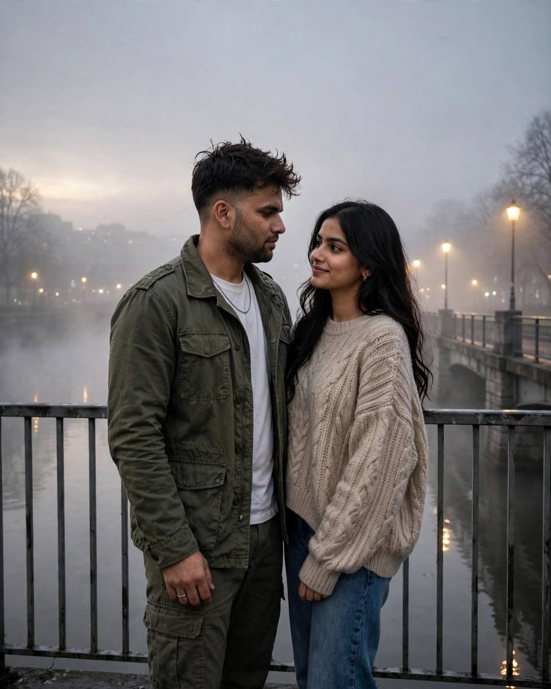 Indian couple standing close on a foggy bridge at dawn, streetlamps glowing