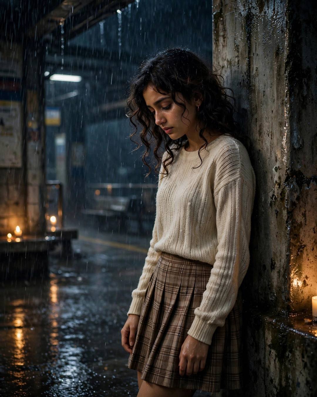 Young Indian woman in cream knit top leaning against a wall at a rainy metro station at night