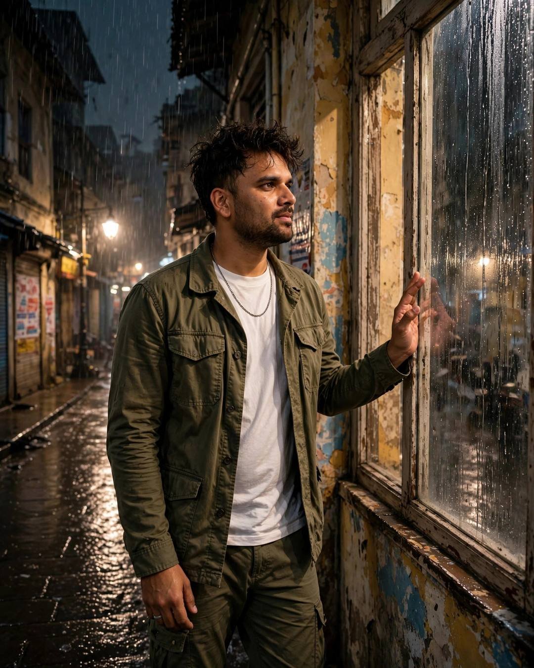 Young Indian man in an olive field jacket with one hand on a rain-streaked window in a rainy old-city lane at midnight